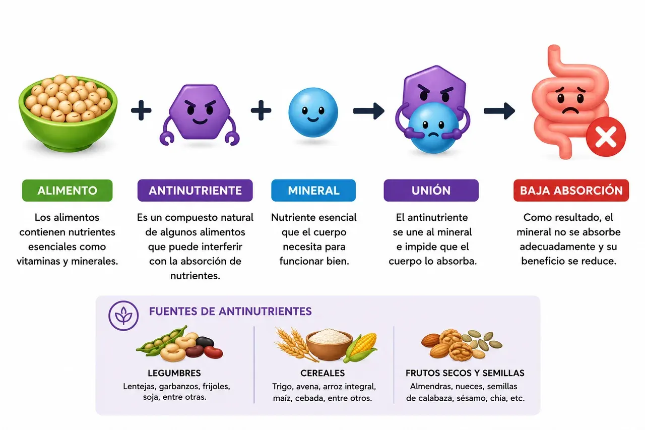 Secuencia en cinco pasos. Los alimentos contienen nutrientes esenciales como vitaminas y minerales. El antinutriente es un compuesto natural de algunos alimentos que puede interferir con la absorción de nutrientes. El mineral es un nutriente esencial que el cuerpo necesita para funcionar bien. El antinutriente se une al mineral e impide que el cuerpo lo absorba. Como resultado, la absorción es baja: el mineral no se aprovecha y su beneficio se reduce. Al pie, las fuentes de antinutrientes: legumbres, cereales, y frutos secos y semillas.