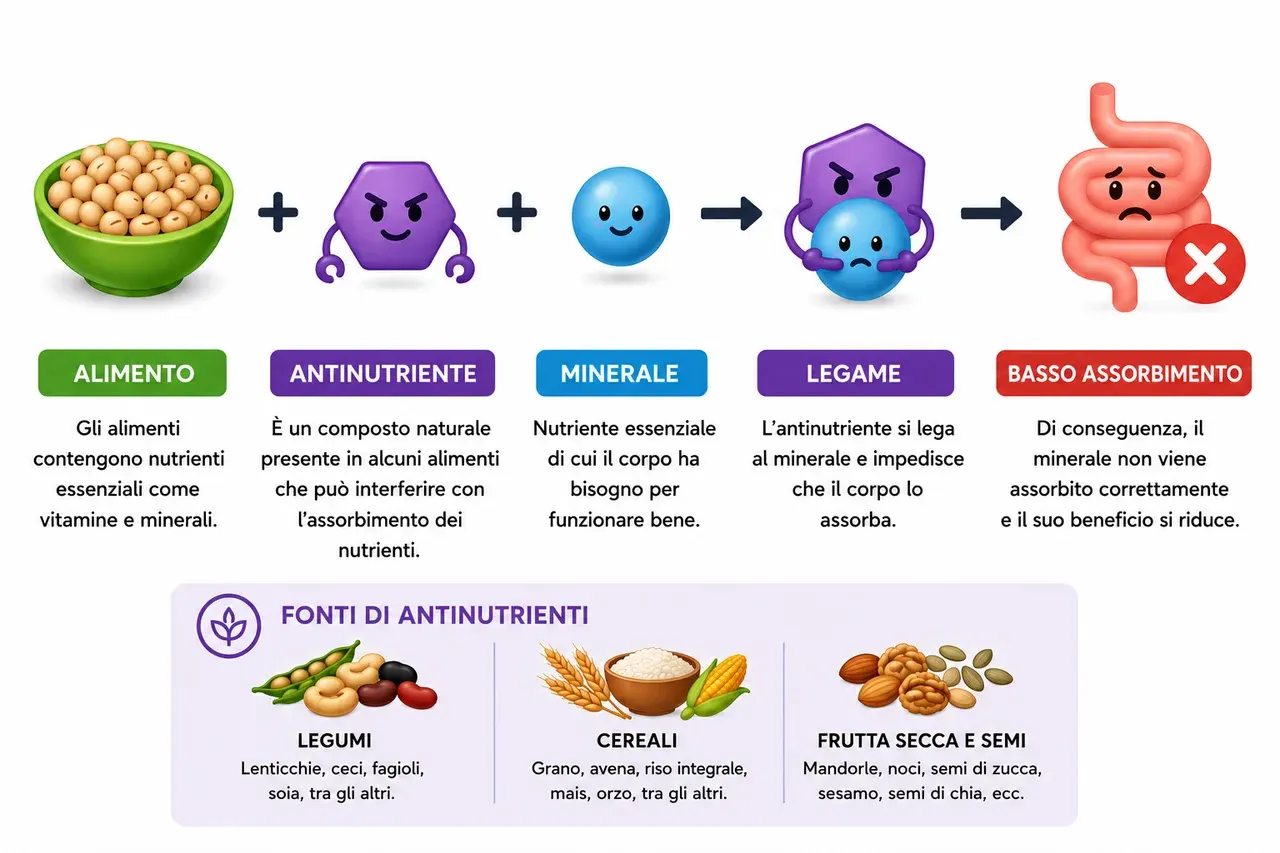 Una sequenza in cinque passaggi. Gli alimenti contengono nutrienti essenziali come vitamine e minerali. L'antinutriente è un composto naturale presente in alcuni alimenti che può interferire con l'assorbimento dei nutrienti. Il minerale è un nutriente essenziale di cui il corpo ha bisogno per funzionare bene. L'antinutriente si lega al minerale e impedisce al corpo di assorbirlo. Di conseguenza l'assorbimento è basso: il minerale non viene assimilato e il suo beneficio si riduce. In fondo, le fonti di antinutrienti: legumi, cereali, e frutta secca e semi.