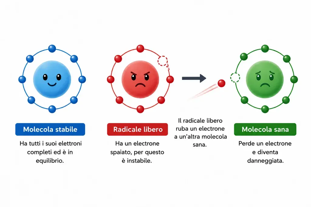 Tre molecole a confronto. Una molecola stabile, in blu, con tutti i suoi elettroni appaiati e in equilibrio. Un radicale libero, in rosso, con un elettrone spaiato che lo rende instabile. E una molecola sana, in verde, a cui il radicale libero ruba un elettrone e che resta danneggiata.