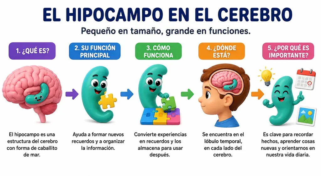 Infografía en cinco pasos titulada «El hipocampo en el cerebro: pequeño en tamaño, grande en funciones». Uno, qué es: el hipocampo es una estructura del cerebro con forma de caballito de mar. Dos, su función principal: ayuda a formar nuevos recuerdos y a organizar la información. Tres, cómo funciona: convierte experiencias en recuerdos y los almacena para usar después. Cuatro, dónde está: se encuentra en el lóbulo temporal, en cada lado del cerebro. Cinco, por qué es importante: es clave para recordar hechos, aprender cosas nuevas y orientarnos en nuestra vida diaria.