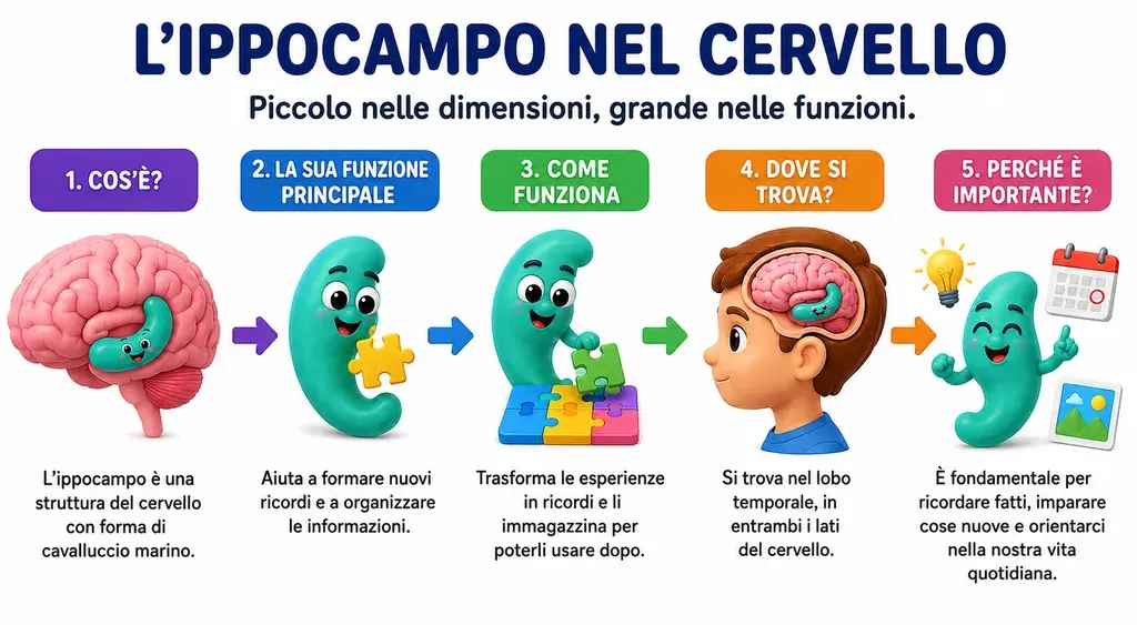 Infografica in cinque passaggi intitolata «L'ippocampo nel cervello: piccolo nelle dimensioni, grande nelle funzioni». Uno, cos'è: l'ippocampo è una struttura del cervello con forma di cavalluccio marino. Due, la sua funzione principale: aiuta a formare nuovi ricordi e a organizzare le informazioni. Tre, come funziona: trasforma le esperienze in ricordi e li immagazzina per poterli usare dopo. Quattro, dove si trova: si trova nel lobo temporale, in entrambi i lati del cervello. Cinque, perché è importante: è fondamentale per ricordare fatti, imparare cose nuove e orientarci nella nostra vita quotidiana.