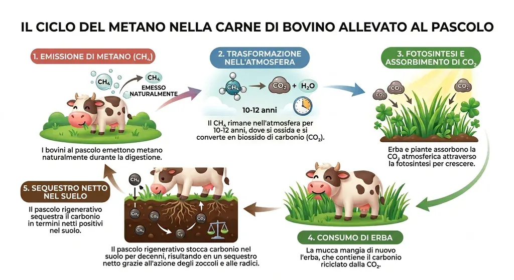 Infografica circolare in cinque passaggi intitolata «Il ciclo del metano nella carne di bovino allevato al pascolo». Uno, emissione di metano: i bovini al pascolo emettono metano (CH₄) naturalmente durante la digestione. Due, trasformazione nell'atmosfera: il CH₄ rimane nell'atmosfera per 10-12 anni, dove si ossida e si converte in biossido di carbonio (CO₂) e acqua. Tre, fotosintesi e assorbimento di CO₂: erba e piante assorbono la CO₂ atmosferica attraverso la fotosintesi per crescere. Quattro, consumo di erba: la mucca mangia di nuovo l'erba, che contiene il carbonio riciclato da quella CO₂. Cinque, sequestro netto nel suolo: il pascolo rigenerativo stocca carbonio nel suolo per decenni grazie all'azione degli zoccoli e alle radici, con un bilancio netto positivo.