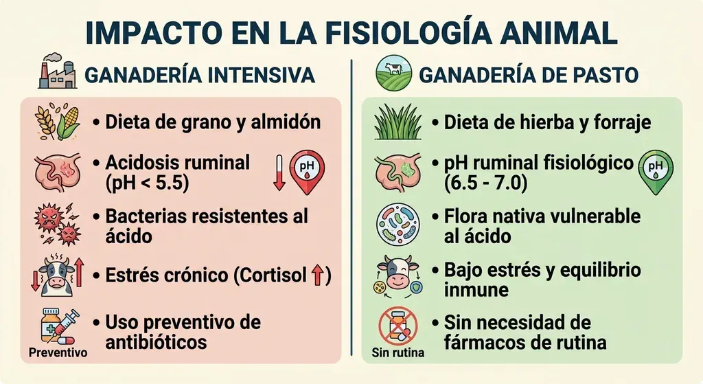 Infografía comparativa titulada «Impacto en la fisiología animal», dividida en dos columnas. A la izquierda, ganadería intensiva: dieta de grano y almidón; acidosis ruminal con un pH inferior a 5,5; bacterias resistentes al ácido; estrés crónico con cortisol elevado; uso preventivo de antibióticos. A la derecha, ganadería de pasto: dieta de hierba y forraje; pH ruminal fisiológico entre 6,5 y 7,0; flora nativa vulnerable al ácido; bajo estrés y equilibrio inmune; sin necesidad de fármacos de rutina.