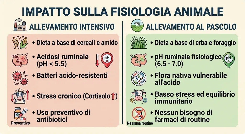 Infografica comparativa intitolata «Impatto sulla fisiologia animale», divisa in due colonne. A sinistra, allevamento intensivo: dieta a base di cereali e amido; acidosi ruminale con pH inferiore a 5,5; batteri acido-resistenti; stress cronico con cortisolo elevato; uso preventivo di antibiotici. A destra, allevamento al pascolo: dieta a base di erba e foraggio; pH ruminale fisiologico tra 6,5 e 7,0; flora nativa vulnerabile all'acido; basso stress ed equilibrio immunitario; nessun bisogno di farmaci di routine.