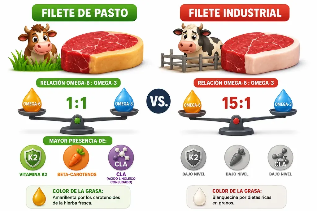Infografía comparativa entre dos filetes. A la izquierda, filete de pasto, junto a una vaca sobre hierba: relación Omega-6:Omega-3 de 1:1, representada con una balanza equilibrada; mayor presencia de vitamina K2, betacarotenos y CLA (ácido linoleico conjugado); color de la grasa amarillento por los carotenoides de la hierba fresca. A la derecha, filete industrial, junto a una vaca tras una valla: relación Omega-6:Omega-3 de 15:1, con la balanza inclinada hacia el Omega-6; nivel bajo de esos mismos tres nutrientes; color de la grasa blanquecino por las dietas ricas en granos.